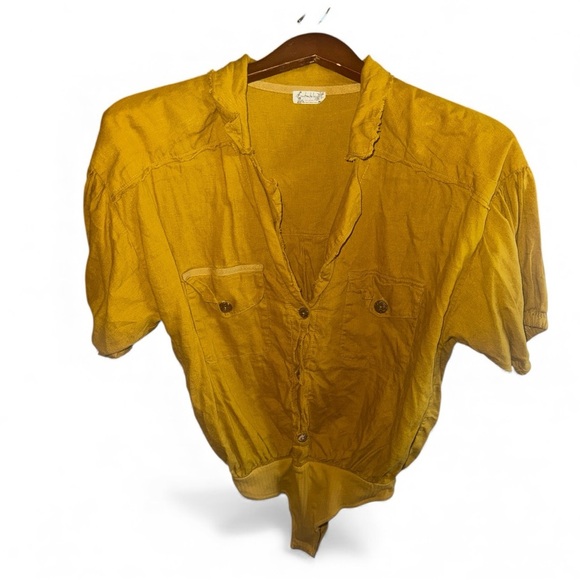 Free People Golden Top Safari Body Suit Blouse Utility Pocket Boho Shirt Small - Picture 2 of 8